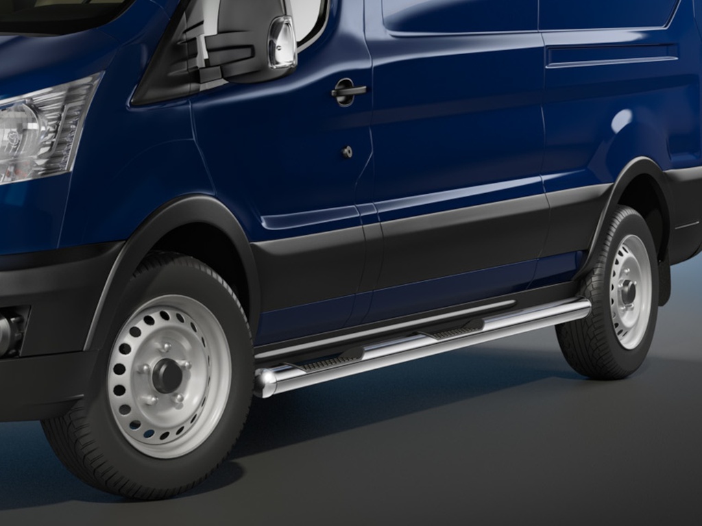 [FORD1257] Ford Transit Bj. 00-14 | mittlerer Radstand: COBRA Chrom-Seitenschutzrohre | mit Trittstufen